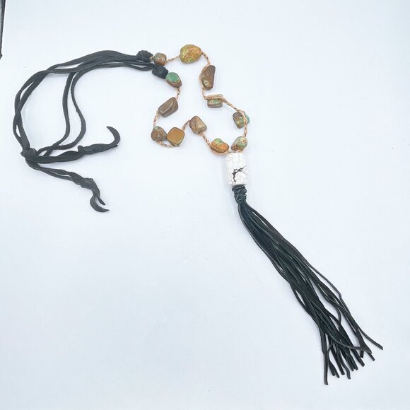 White Pendant Stone Beaded Macrame Necklace With Black Leather Tassel & Adjustab - Picture 1 of 8